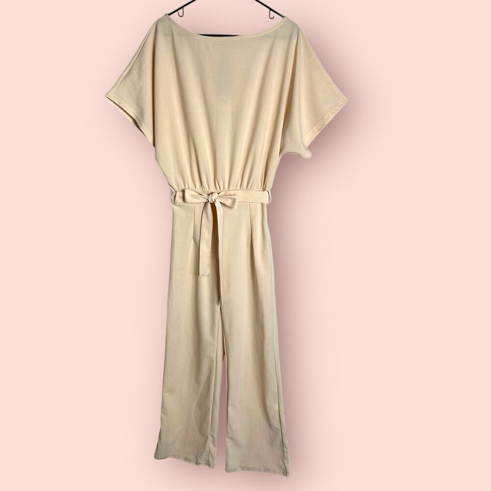 Casual Belted Wide Leg Jumpsuit Pink Beige Medium Romper Dolman Short Sleeve